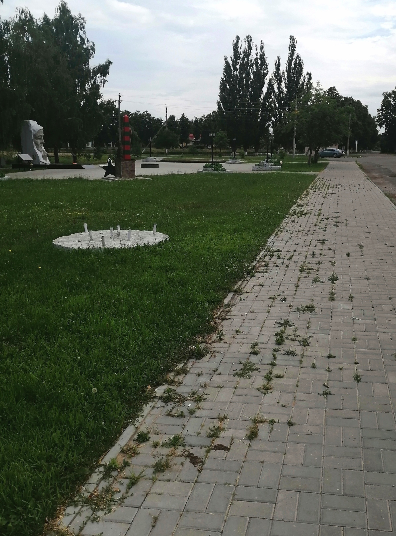 В Новозыбкове травой зарастает тротуарная плитка в сквере с Вечным огнем