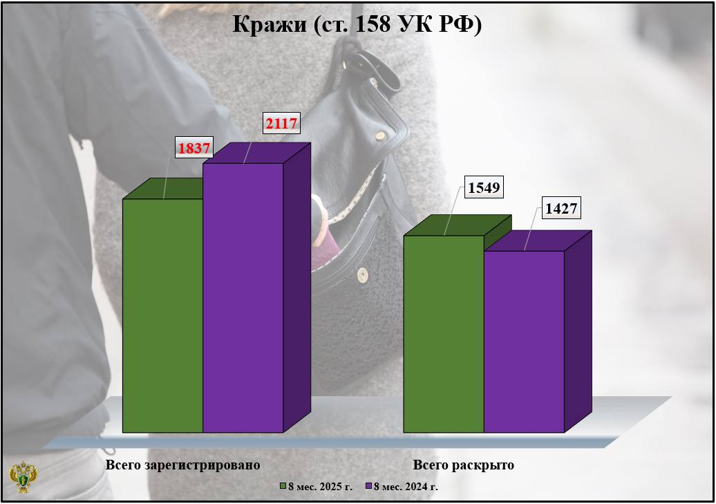 С января по август в Брянской области совершено 1837 краж, раскрыто 1549