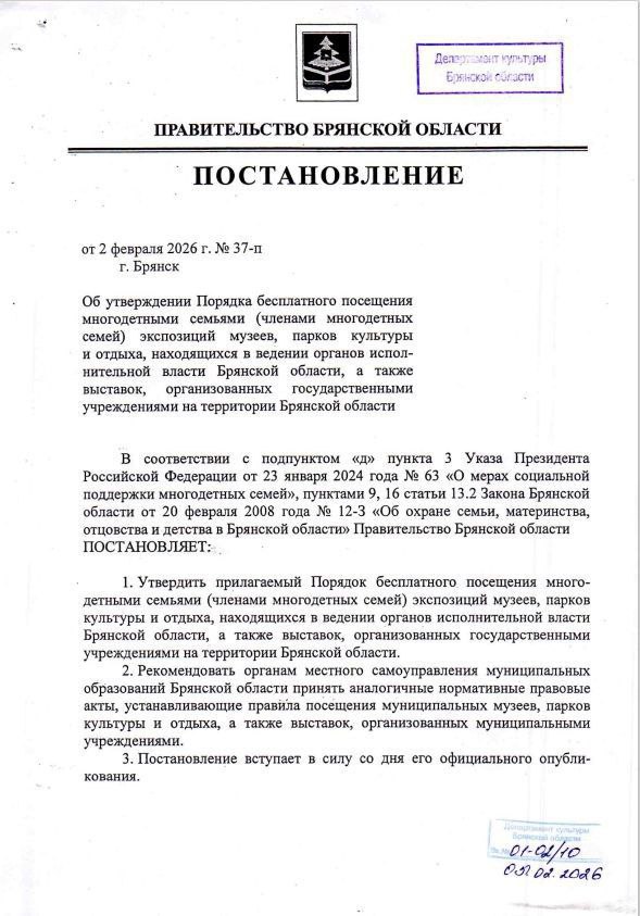 Для многодетных семей Брянской области ввели льготу на посещение мест культуры